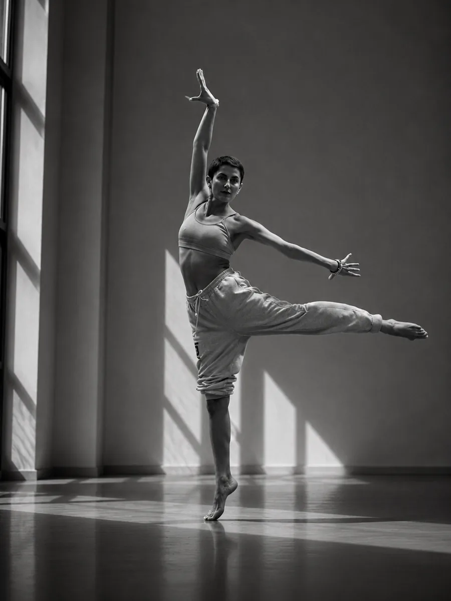Vika balanced on one leg in a hall with tall windows.